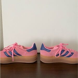 Adidas Gazelle, gum sole, platform, pink with blue stripes